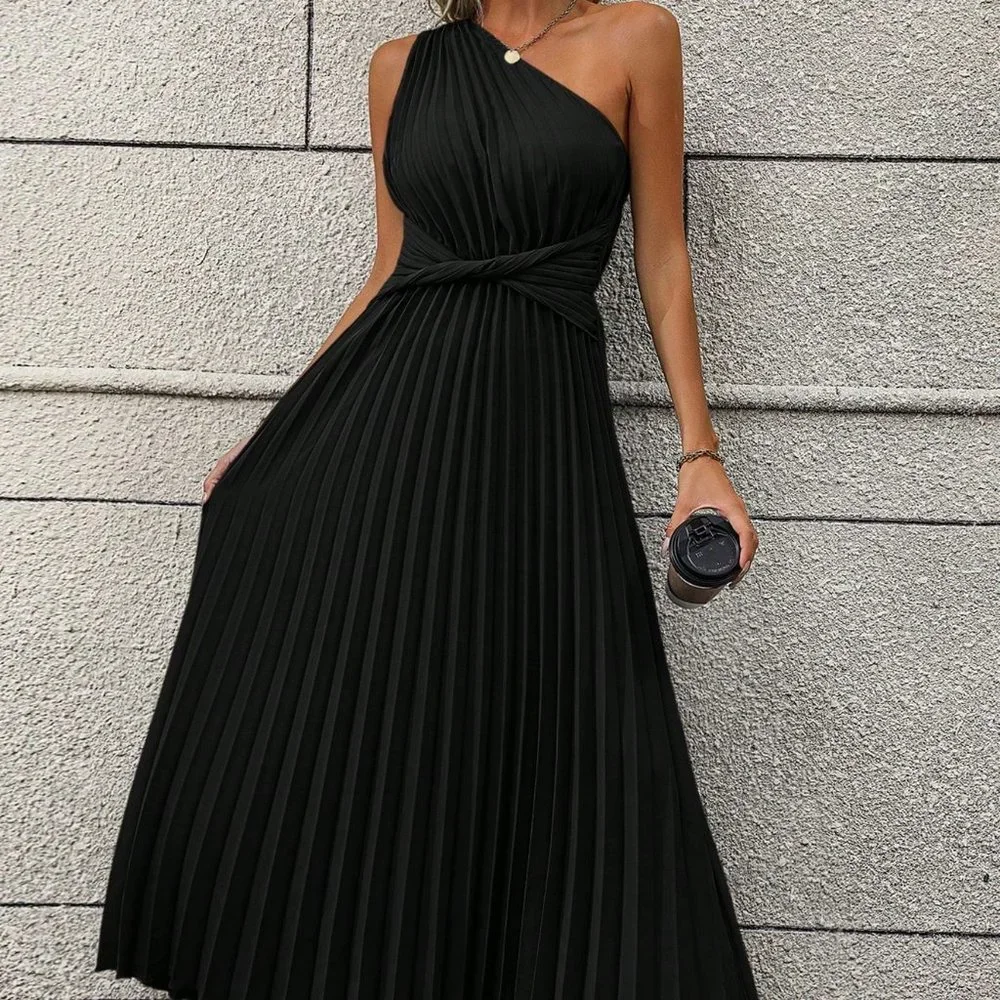 Black Casual Womens One Shoulder Twist Front Pleated Hem Dress - Picture 1 of 5